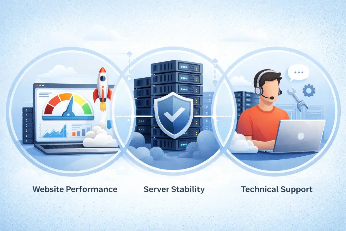 تصميم يوضح معايير اختيار استضافة مواقع عربية من حيث الأداء والاستقرار والدعم الفني