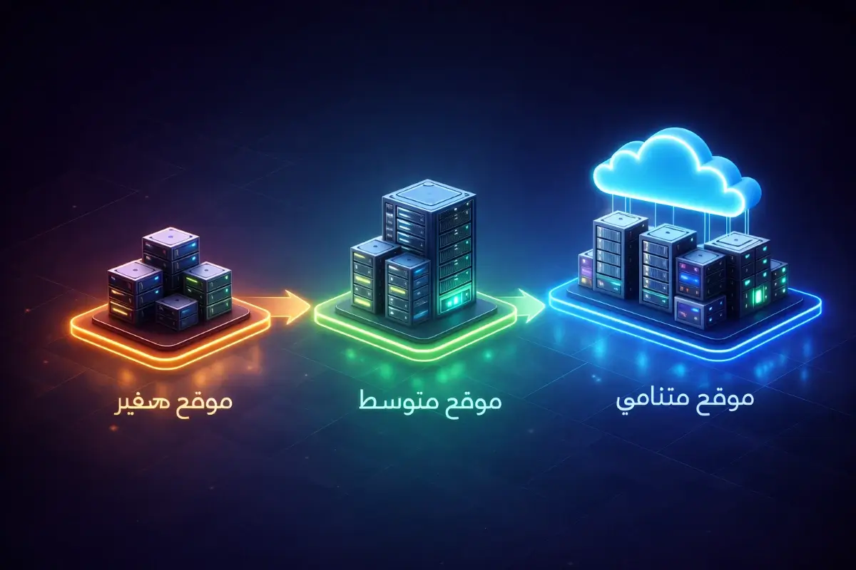 رسم يوضح اختيار نوع الاستضافة حسب حجم الموقع ونموه