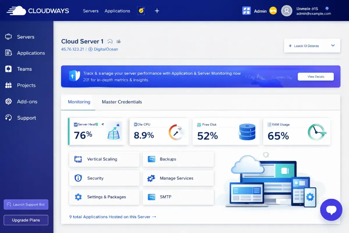 واجهة لوحة تحكم Cloudways لإدارة الخوادم والمواقع