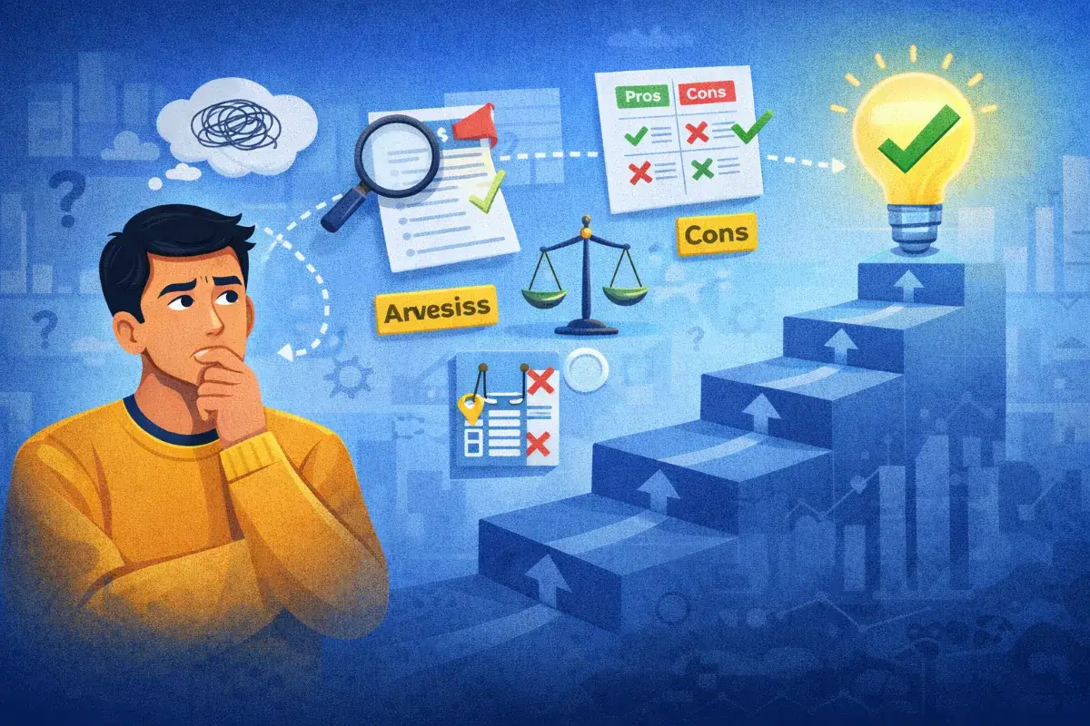 رسم توضيحي يعبّر عن التفكير المنهجي قبل اتخاذ القرار بعد مقارنة واعية