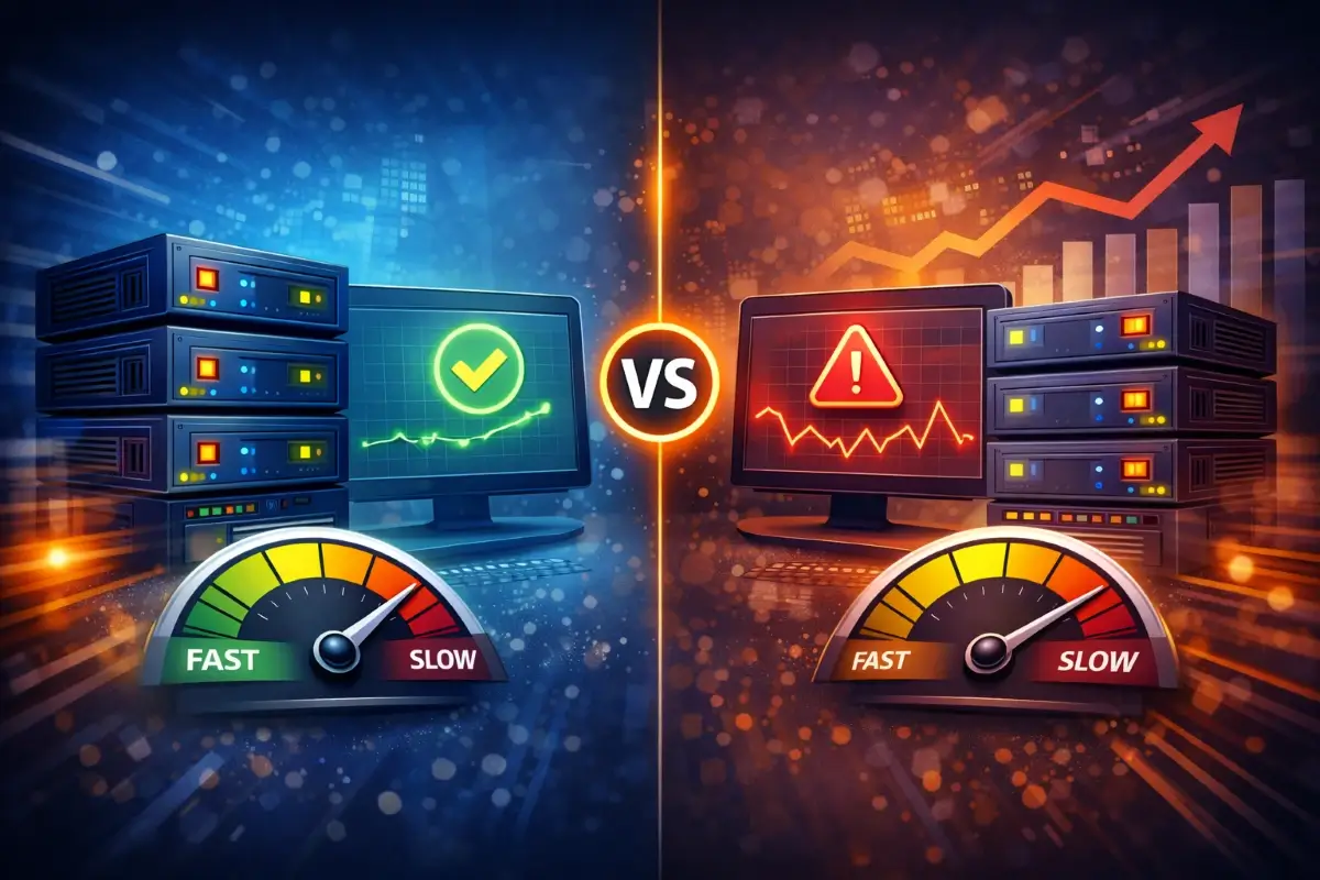مقارنة بين استضافة مستقرة سريعة واستضافة تعاني من بطء وتذبذب