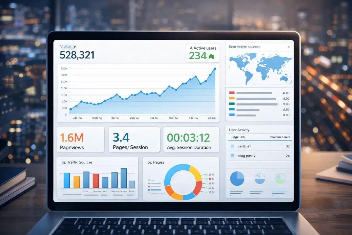 لوحة تحليلات توضح نمو زيارات مواقع المحتوى ذات الزيارات العالية