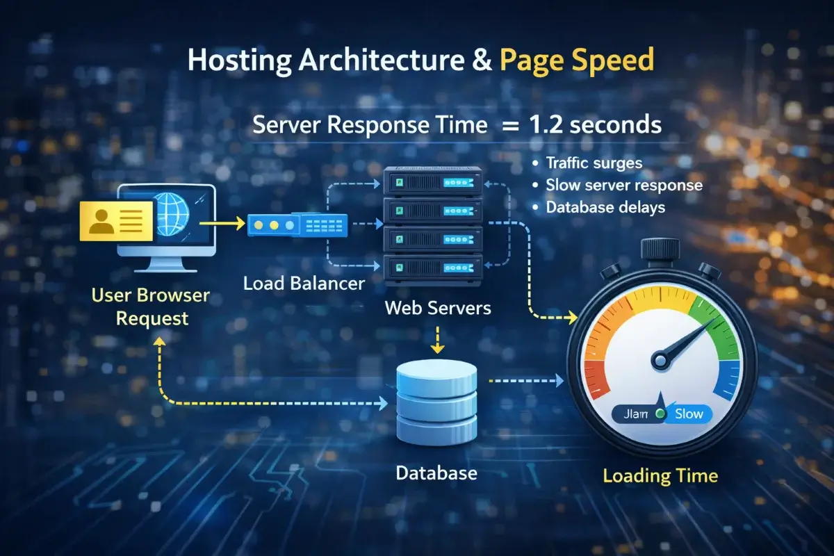 مخطط يوضح تأثير بنية الاستضافة على سرعة تحميل صفحات مواقع المحتوى