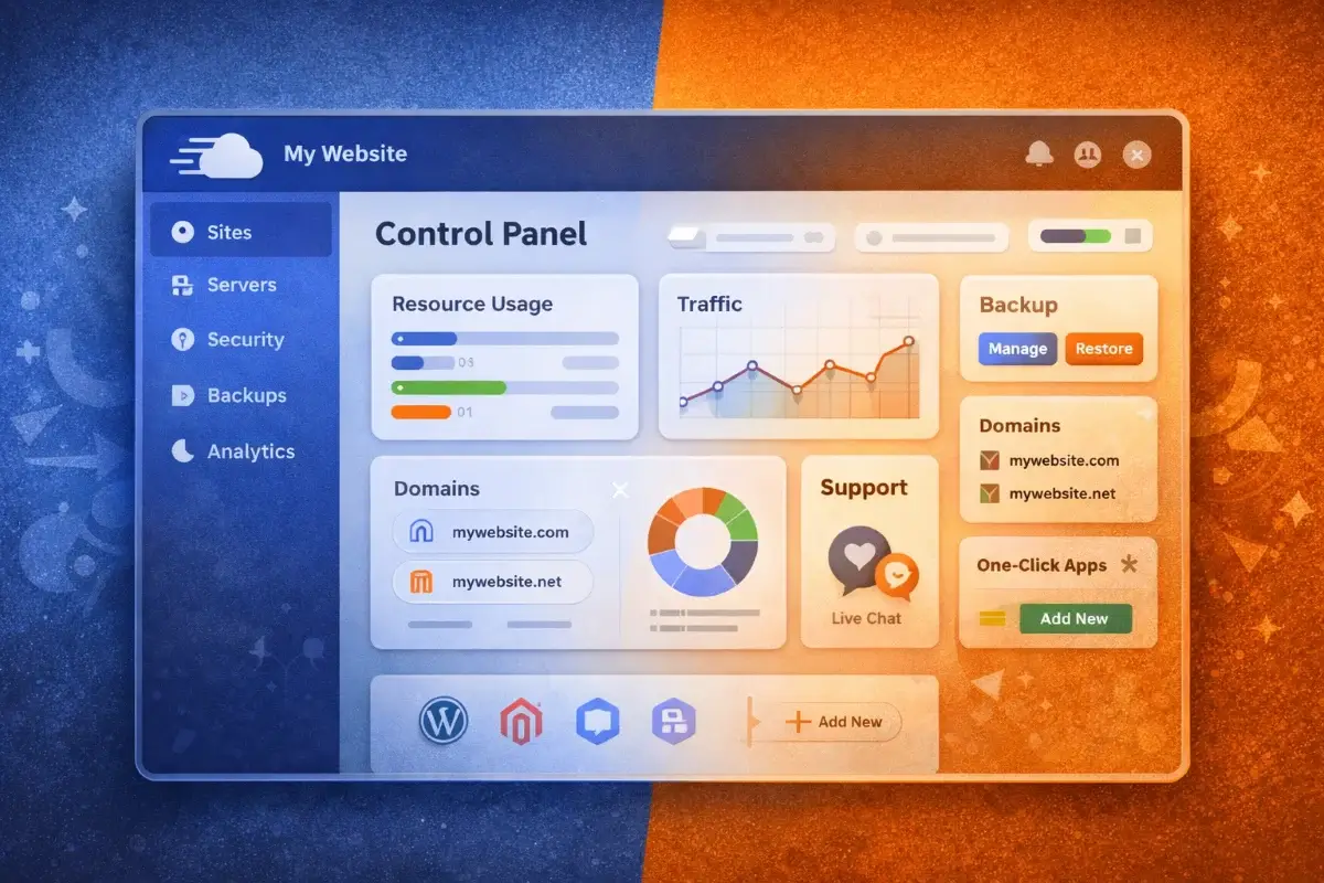 واجهة تخيلية توضح تجربة إدارة المواقع ولوحة التحكم في خدمات الاستضافة