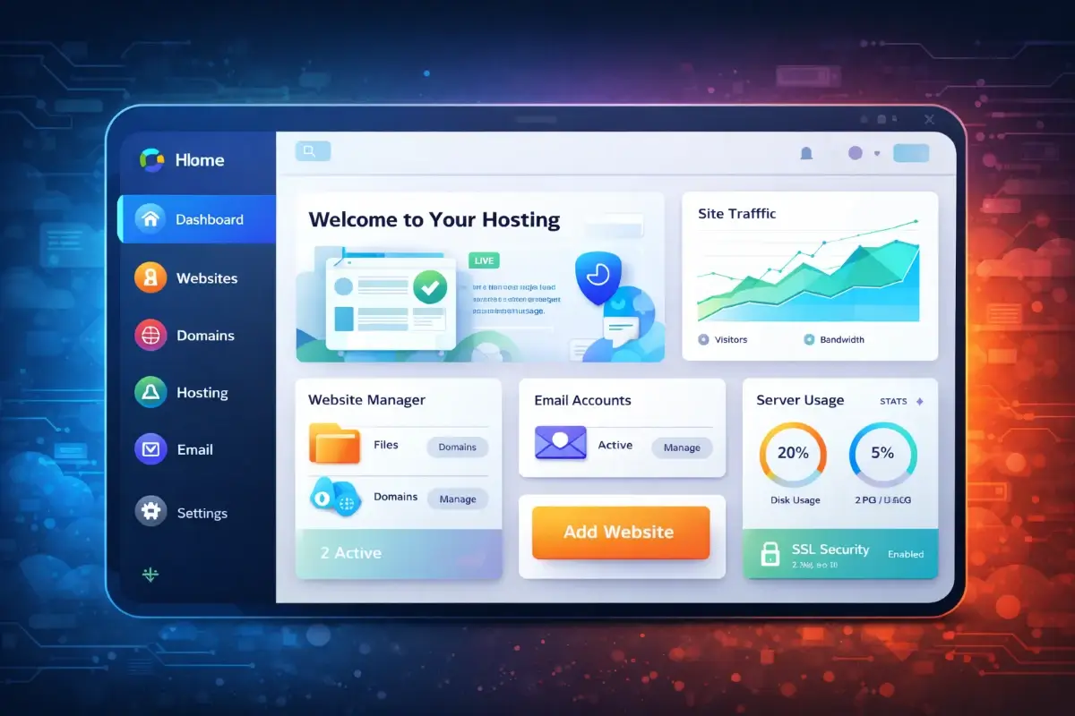 واجهة لوحة تحكم استضافة توضح سهولة إدارة الموقع والخدمات الأساسية