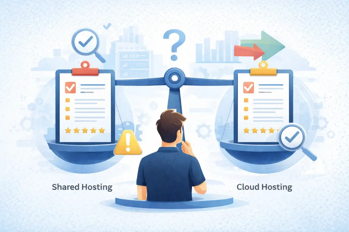 تصميم يرمز إلى مرحلة مقارنة خيارات الاستضافة واتخاذ القرار المناسب
