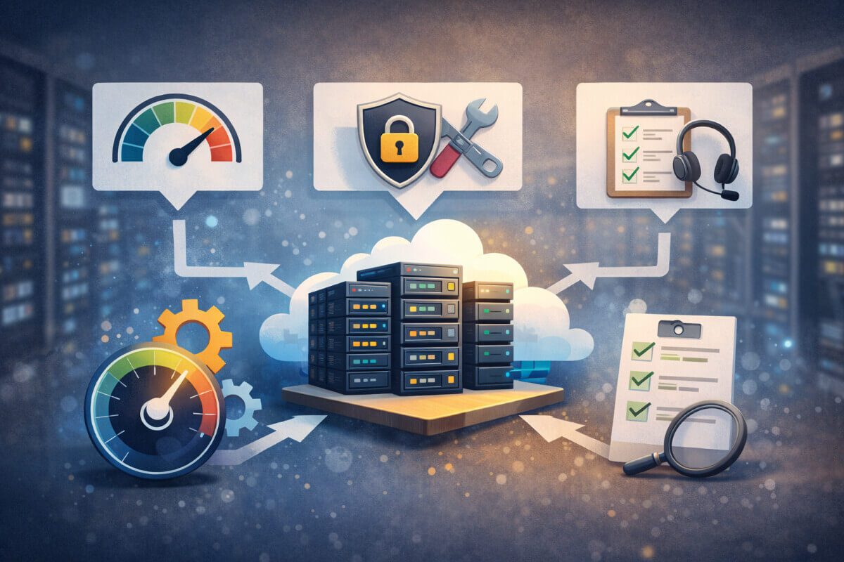 العوامل الأساسية لاختيار الاستضافة مثل الأداء والأمان وسهولة الإدارة