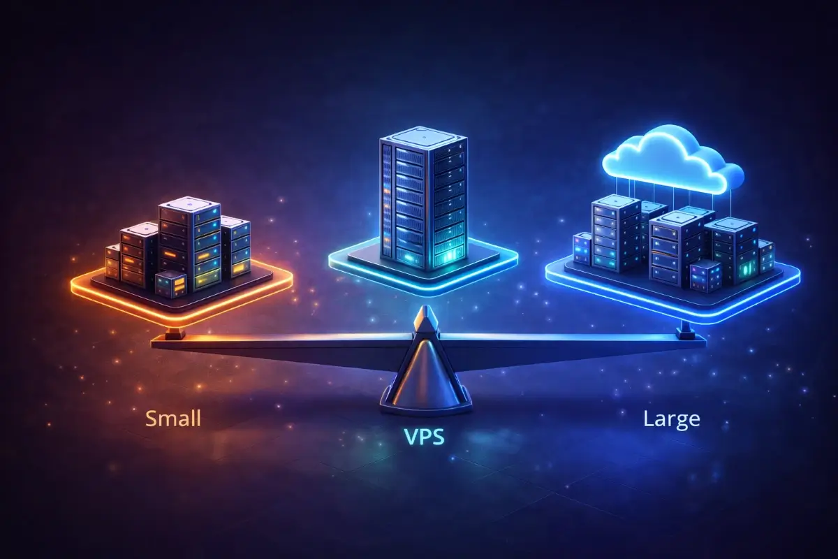 تصور بصري يوضح التوازن بين أنواع الاستضافة حسب احتياج الموقع