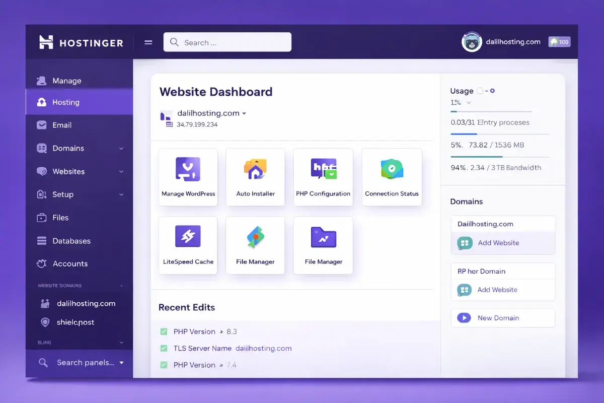 لوحة تحكم Hostinger تعرض خيارات إدارة الموقع بسهولة