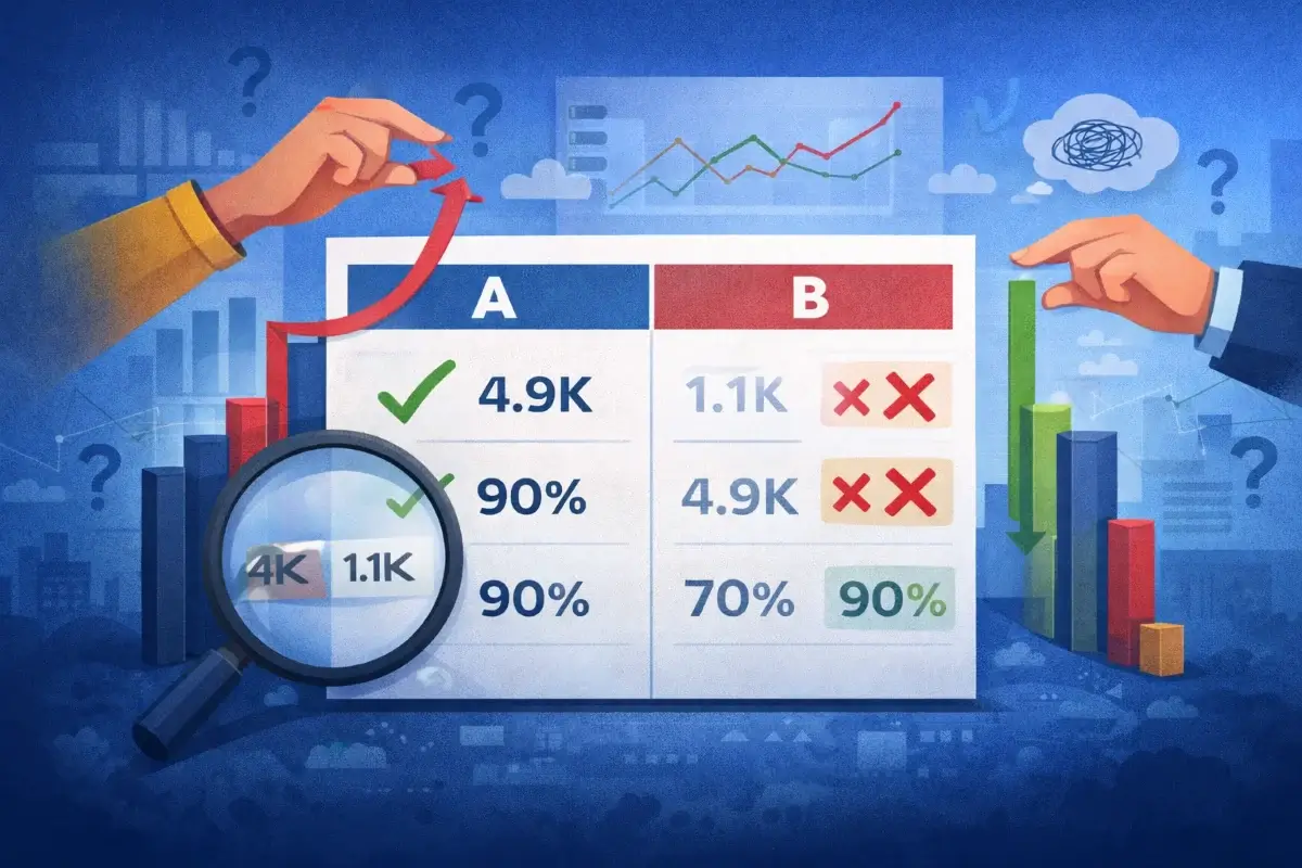 رسم توضيحي يوضح مقارنة مضللة تعتمد على أرقام وجداول غير متوازنة