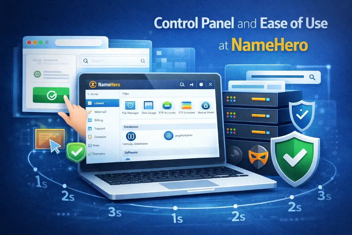 واجهة لوحة التحكم وسهولة إدارة الموقع في استضافة NameHero