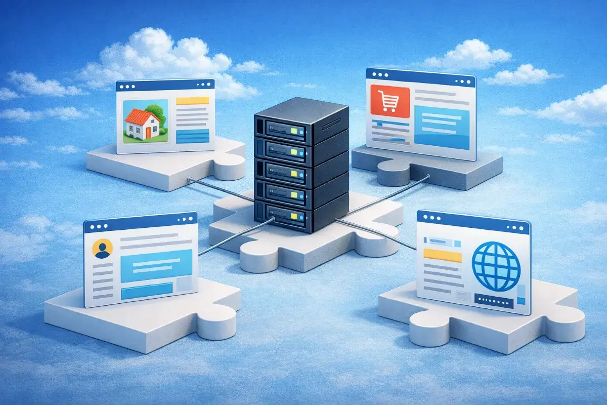 توضيح بصري لفكرة الاستضافة المشتركة حيث تعمل عدة مواقع على خادم واحد
