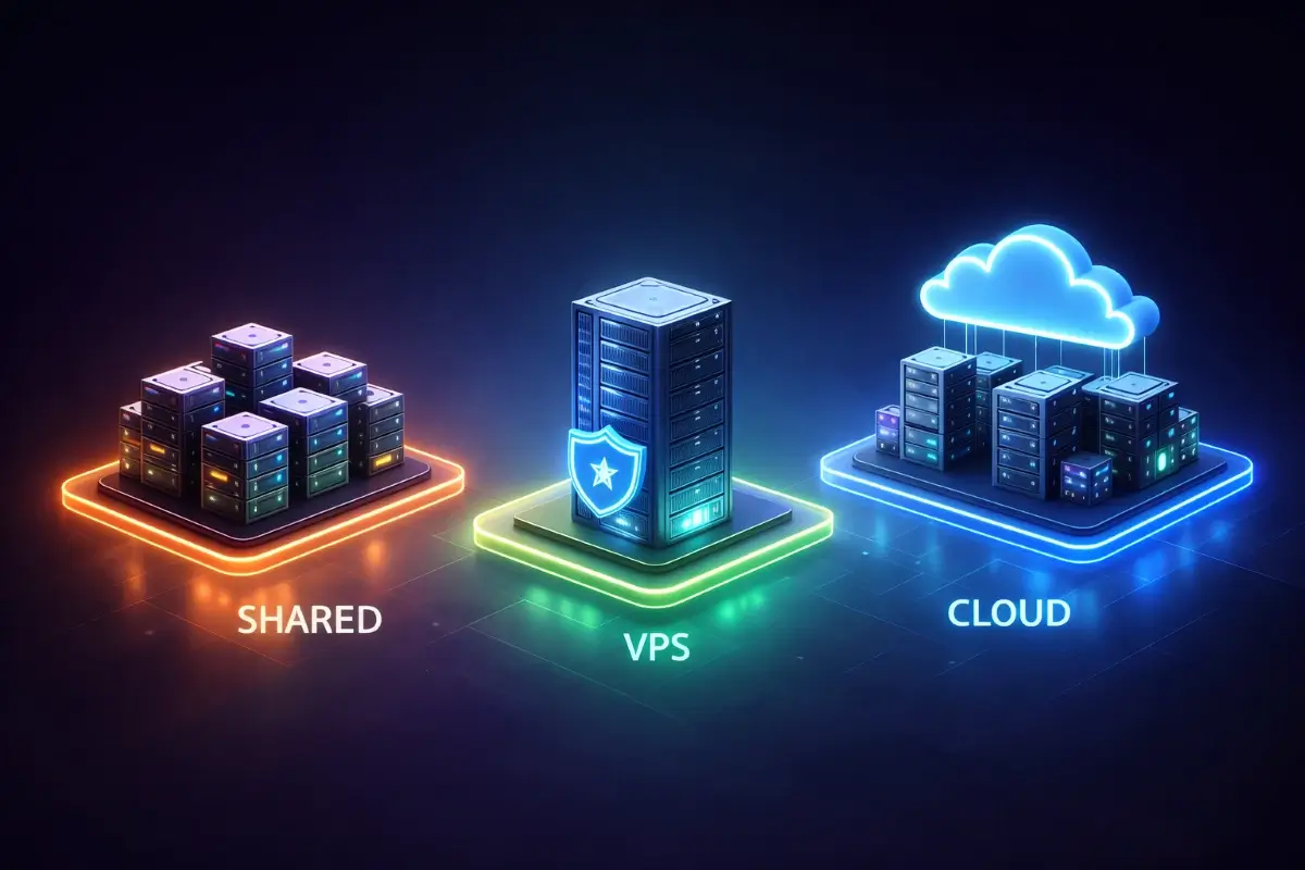 مقارنة بصرية توضح الفرق بين الاستضافة المشتركة و VPS والاستضافة السحابية 