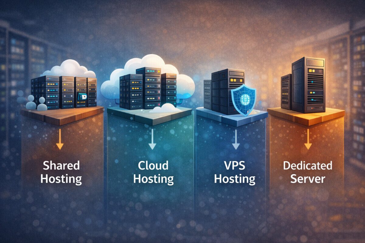 أنواع الاستضافة المختلفة مثل المشتركة والسحابية والخادم الافتراضي والمخصص 