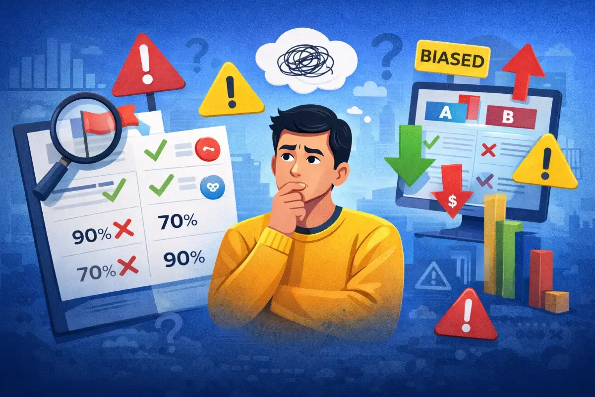 رسم توضيحي لشخص يفكر أمام إشارات تحذيرية تكشف عدم عدالة المقارنة