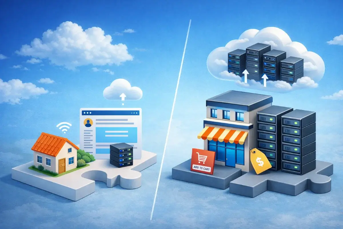 رسم توضيحي يوضح اختلاف احتياجات المواقع الصغيرة والكبيرة وتأثير ذلك على نوع الاستضافة