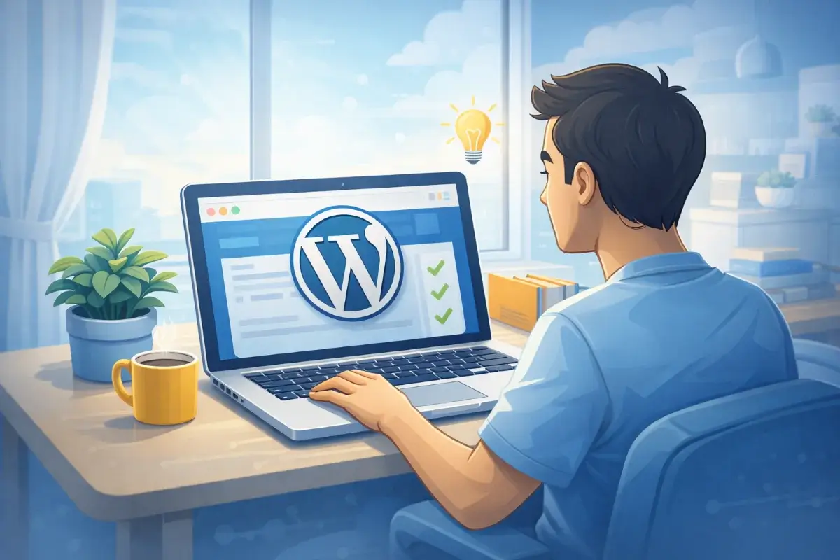 مستخدم مبتدئ يعمل على إعداد موقع ووردبريس بسهولة بعد اختيار استضافة مناسبة دون تعقيد تقني
